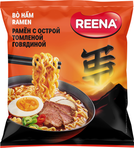 Лапша REENA Рамен, с острой томленой говядиной, 115г, крупный план