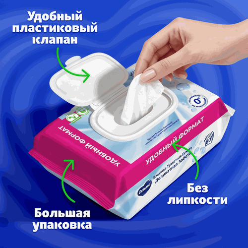Бумага туалетная влажная ZEMMA Деликатная Забота, 80шт, картинка