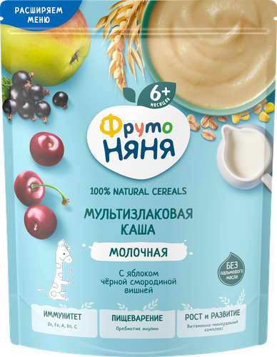 Каша мультизлаковая ФРУТОНЯНЯ молочная, с яблоком, черной смородиной и вишней, с 6 месяцев, 190г, фотография