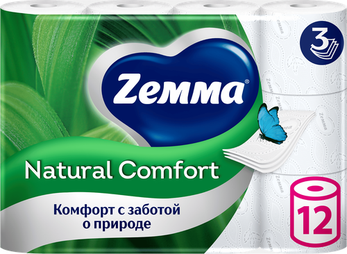 Туалетная бумага ZEMMA Natural Comfort 3 слоя, без аромата, 12шт, изображение