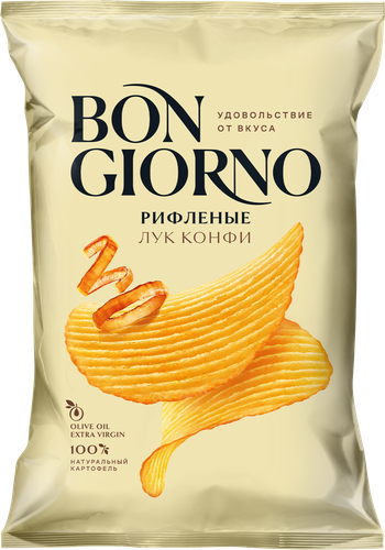 Чипсы картофельные BON GIORNO Рифленые, со вкусом лук конфи, 80г, картинка