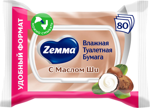 Бумага туалетная влажная ZEMMA с маслом Ши, 80шт, изображение