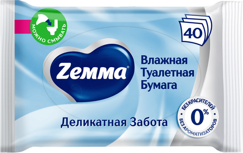 Бумага туалетная влажная ZEMMA Деликатная забота, 40шт, крупный план