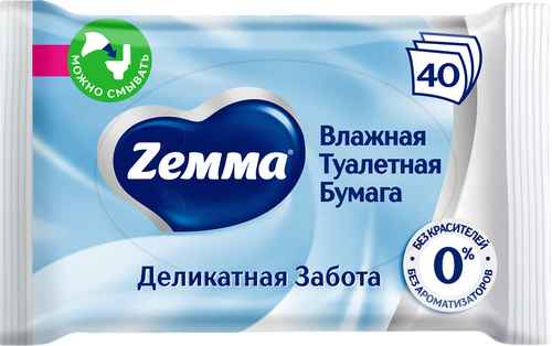Бумага туалетная влажная ZEMMA Деликатная забота, 40шт, крупный план