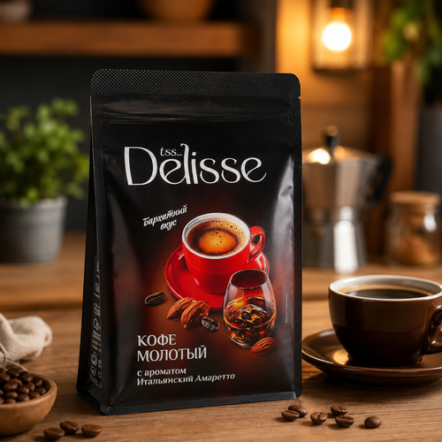 Кофе молотый DELISSE Amaretto ароматизированный, 200г, крупный план