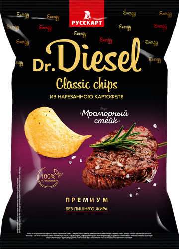 Чипсы картофельные DR.DIESEL со вкусом мраморный стейк, 220г, крупный план