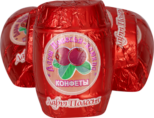 Конфеты шоколадные ДАРЫ ПОЛЕСЬЯ полубочонки с пюре из клюквы, весовые, фото