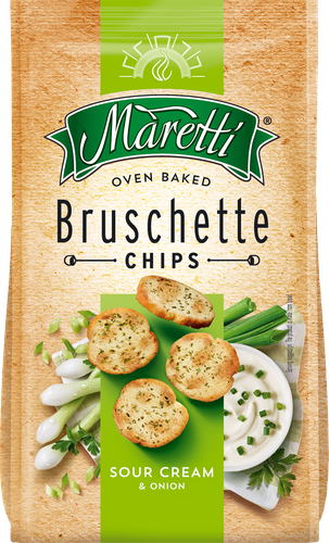 Сухарики пшеничные MARETTI Брускетти, со вкусом сметаны и лука, 80г, вид
