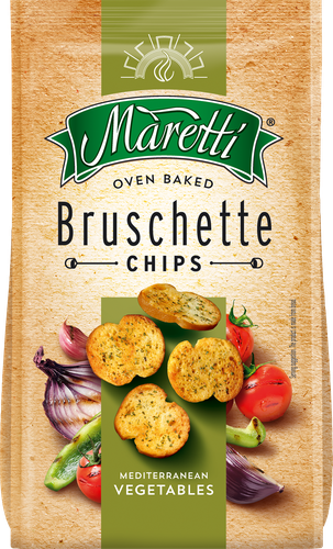 Сухарики пшеничные MARETTI Брускетти, со вкусом средиземноморских овощей, 80г, крупный план