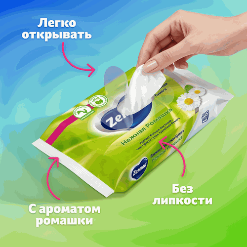 Бумага туалетная влажная ZEMMA Нежная ромашка, 40шт, крупный план