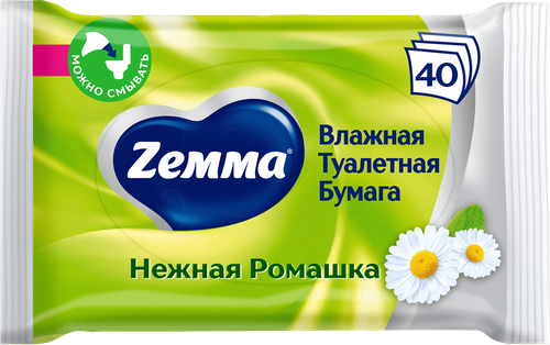 Бумага туалетная влажная ZEMMA Нежная ромашка, 40шт, детальное фото