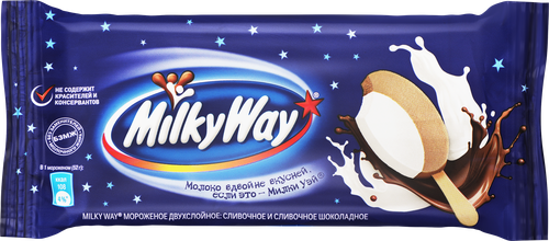 Мороженое MILKY WAY Двуслойное, сливочное и сливочное шоколадное 10%, без змж, эскимо, 52г, детальное фото