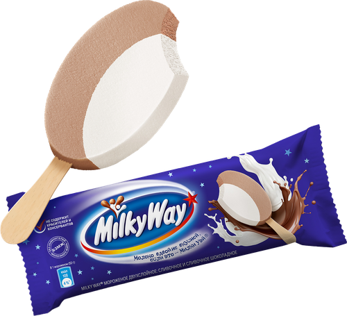 Мороженое MILKY WAY Двуслойное, сливочное и сливочное шоколадное 10%, без змж, эскимо, 52г, вид