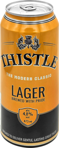 Пиво светлое THISTLE LAGER фильтрованное пастеризованное 4,8%, 0.473л, крупный план