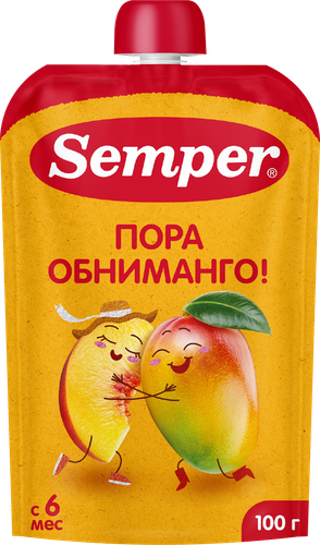 Пюре фруктовое SEMPER Яблоко, манго и персик, с 6 месяцев, 100г, крупный план