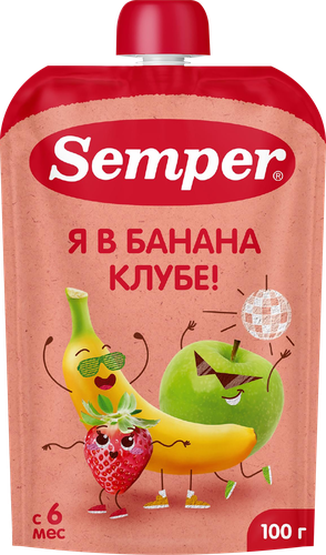 Пюре фруктовое SEMPER Банан, клубника и яблоко, с 6 месяцев, 100г, изображение