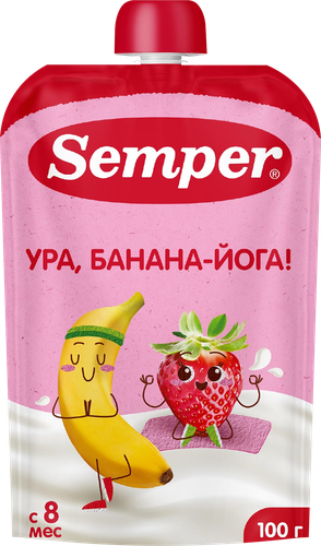 Пюре фруктово-йогуртное SEMPER Банан и клубника с йогуртом, с 8 месяцев, 100г, фото