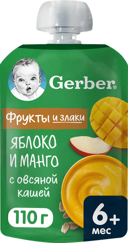 Пюре фруктово-зерновое GERBER Яблоко и манго с овсяной кашей, с 6 месяцев, 110г, изображение