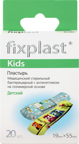 Пластырь FIXPLAST Kids медицинский стерильный бактерицидный, с антисептиком, 19х55мм, №20, 20шт, картинка