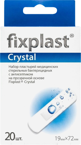 Пластырь FIXPLAST Crystal медицинский стерильный бактерицидный, с антисептиком, 19х72мм, №20, 20шт, вид