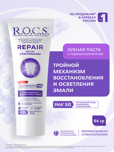 Зубная паста R.O.C.S. Repair, экстра отбеливание, 94г, детальное фото