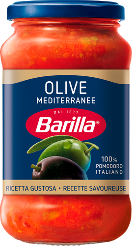 Соус томатный BARILLA Olive, с черными и зелеными оливками, 400г, крупный план