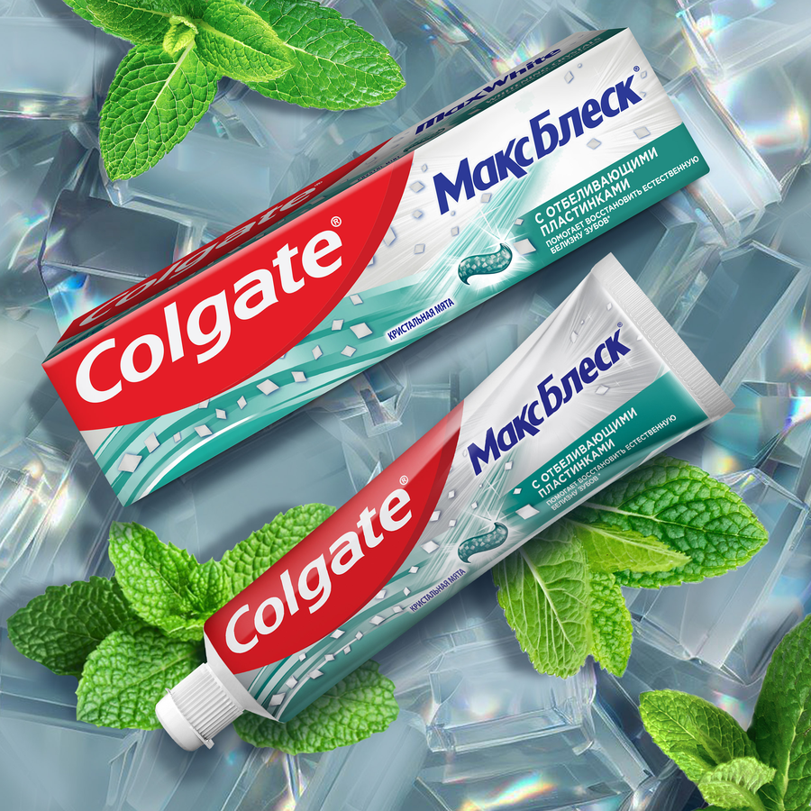 Зубная паста COLGATE Макс Блеск Кристальная мята с отбеливающими пластинками для свежего дыхания и отбеливания зубов, 100мл, предпросмотр