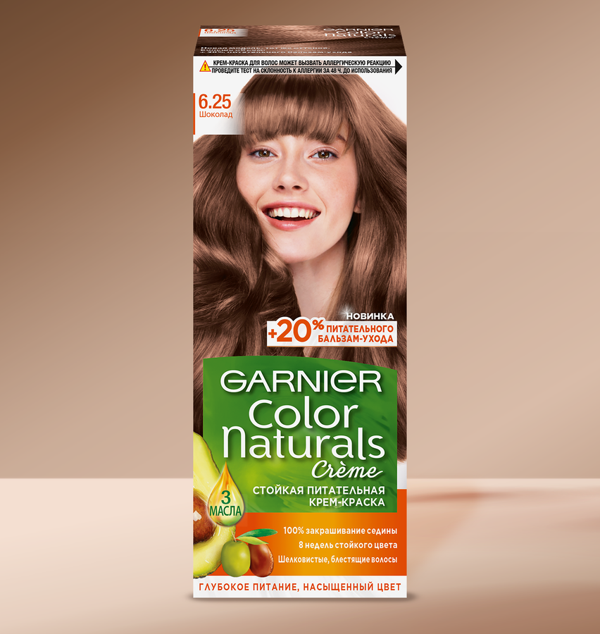 Краска для волос COLOR NATURALS 6.25 Шоколад, c 3 маслами, 110мл, предпросмотр