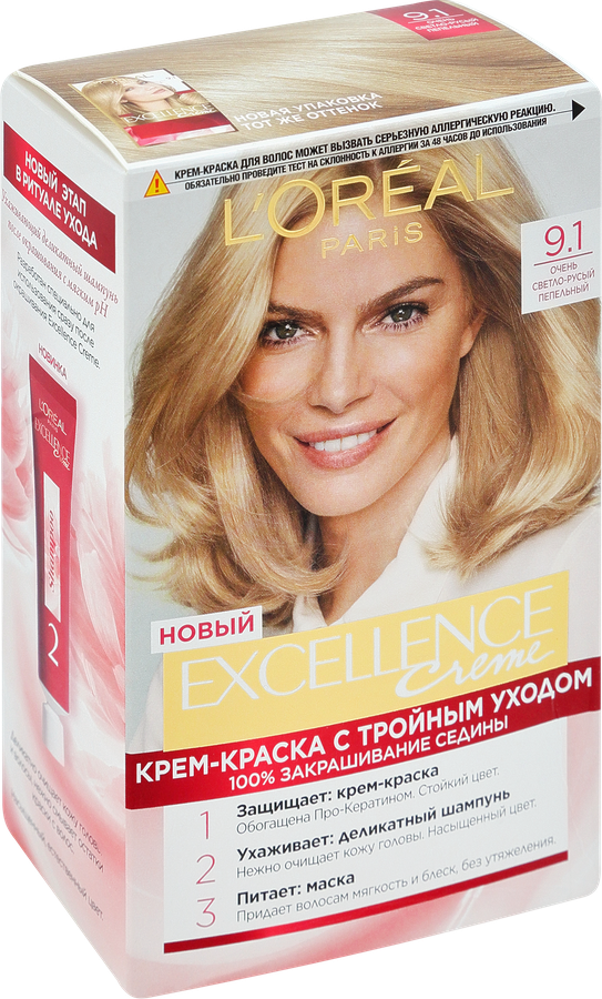 Краска для волос EXCELLENCE 9.1 Очень светло-русый пепельный, 176мл, предпросмотр