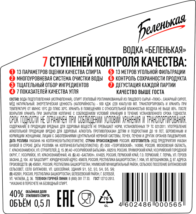 Водка БЕЛЕНЬКАЯ 40%, 0.5л, превью