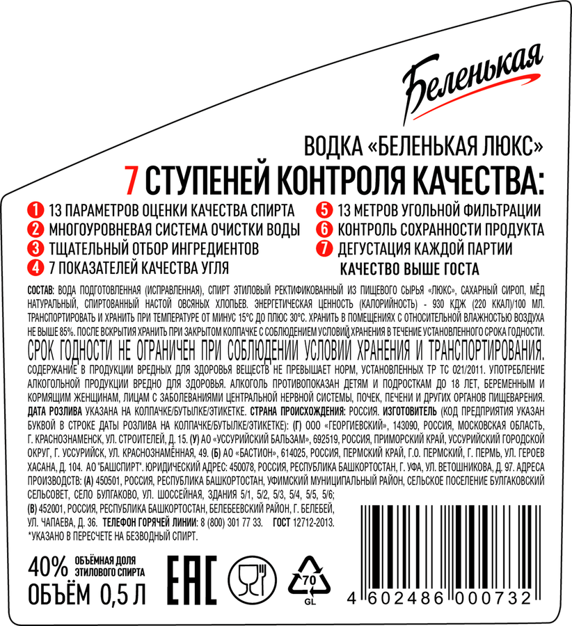 Водка БЕЛЕНЬКАЯ Люкс 40%, 0.5л, предпросмотр