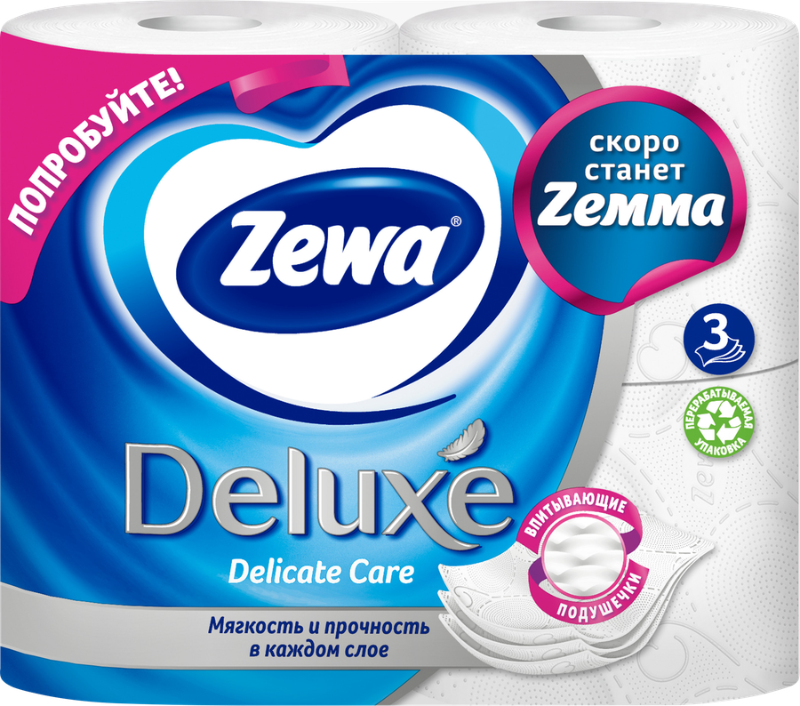 Бумага туалетная ZEWA Deluxe 3-слоя белая, 4шт, превью
