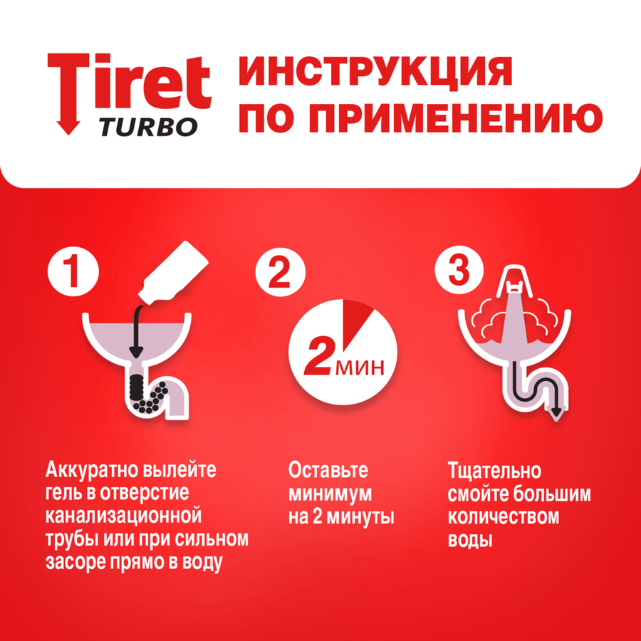 Гель для удаления засоров в канализационных трубах TIRET Turbo, 500мл, предпросмотр