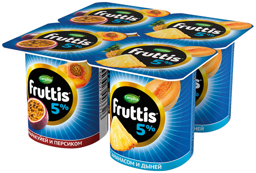 Продукт йогуртный FRUTTIS Сливочный Персик, маракуйя/Ананас, дыня 5%, без змж, 115г, предпросмотр