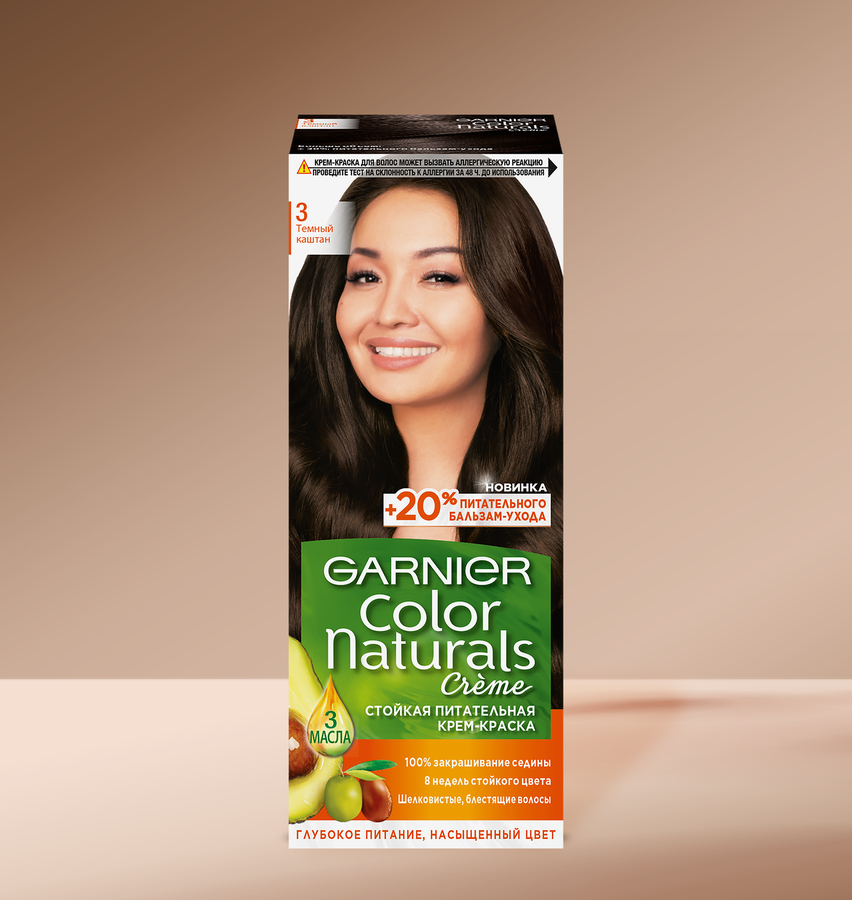 Крем-краска для волос COLOR NATURALS 3 Темный каштан, c 3 маслами, 110мл, предпросмотр