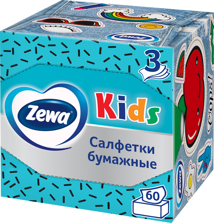 Салфетки бумажные ZEWA Kids 3-слоя, в коробке, 60шт, превью