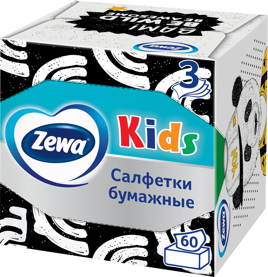 Салфетки бумажные ZEWA Kids 3-слоя, в коробке, 60шт, превью
