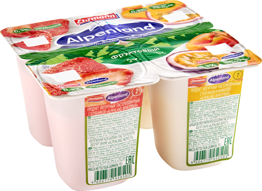 Продукт йогуртный EHRMANN Аlpenland Клубника, персик, маракуйя 0,3%, без змж, 95г, превью