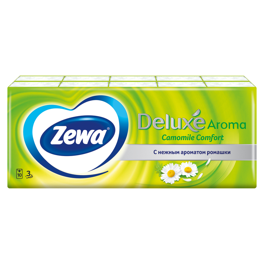 Платочки бумажные носовые ZEWA Deluxe Ромашка 3-слоя, 10шт, превью