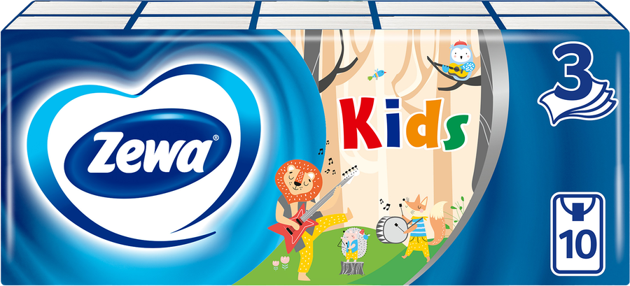 Платочки бумажные детские ZEWA Kids носовые, 3-слоя, 10x10шт, предпросмотр