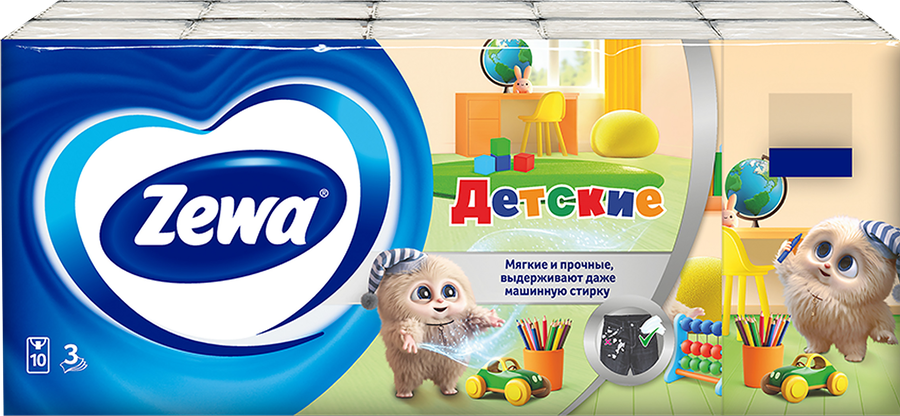 Платочки бумажные детские ZEWA Kids носовые, 3-слоя, 10x10шт, предпросмотр