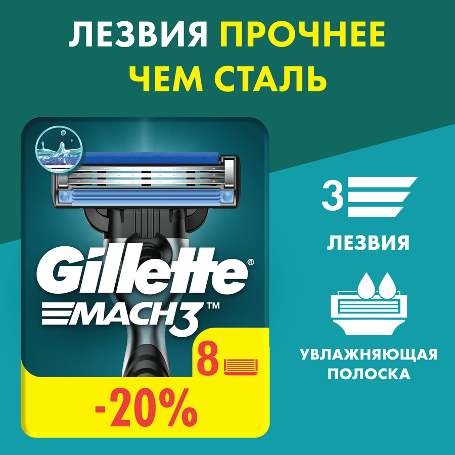 Кассеты сменные для бритья GILLETTE Mach3, 8шт, предпросмотр