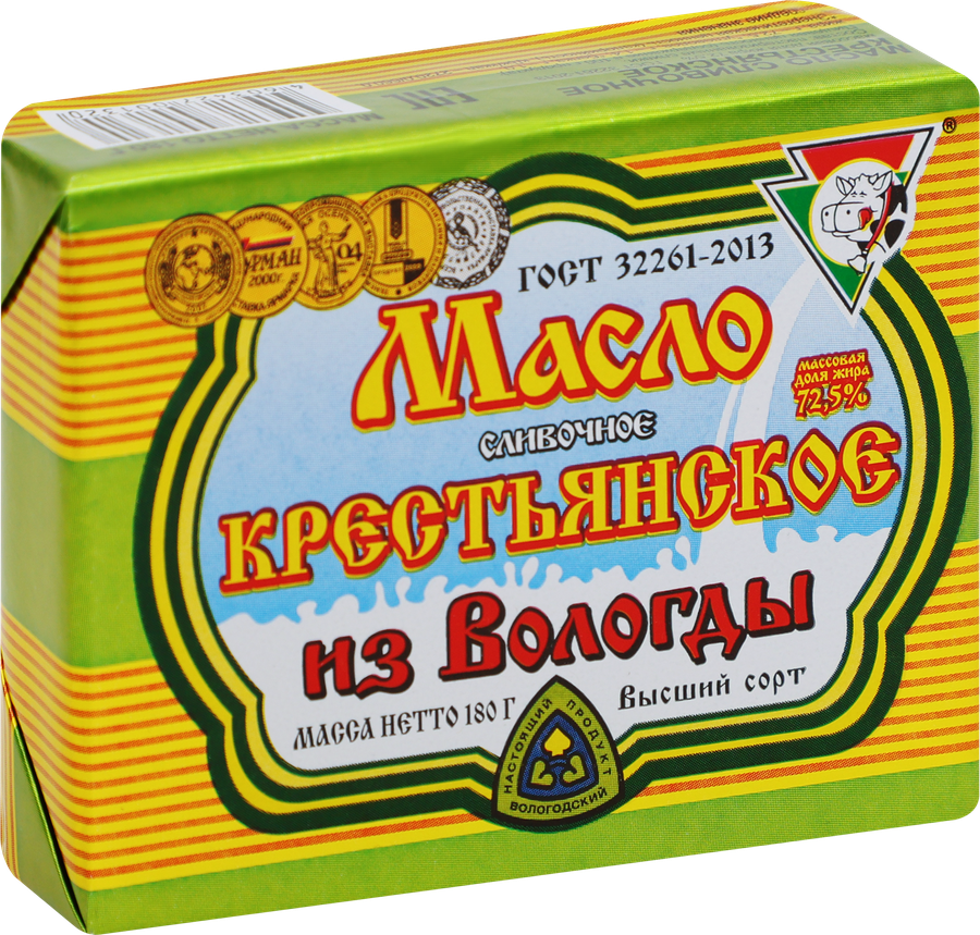 Масло сливочное ИЗ ВОЛОГДЫ Крестьянское 72,5%, без змж, 180г, предпросмотр