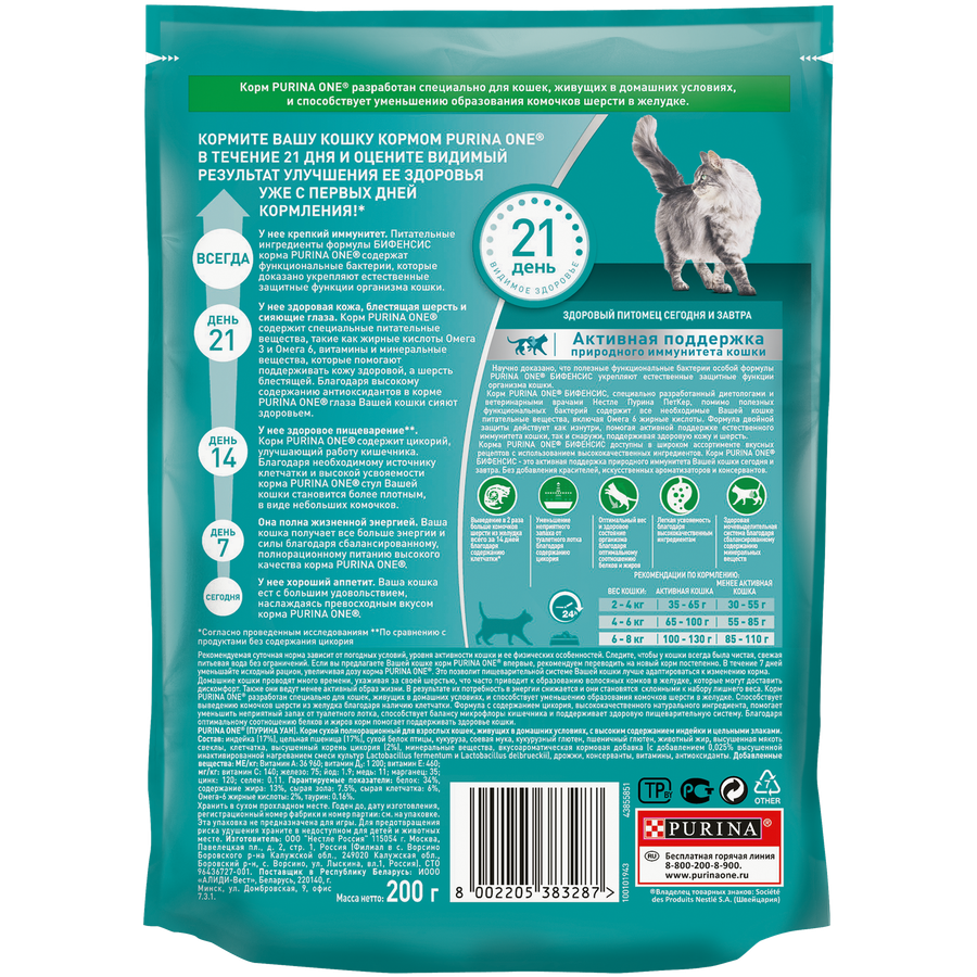 Корм сухой для взрослых кошек PURINA ONE живущих в домашних условиях, с высоким содержанием индейки и цельными злаками, 200г, предпросмотр