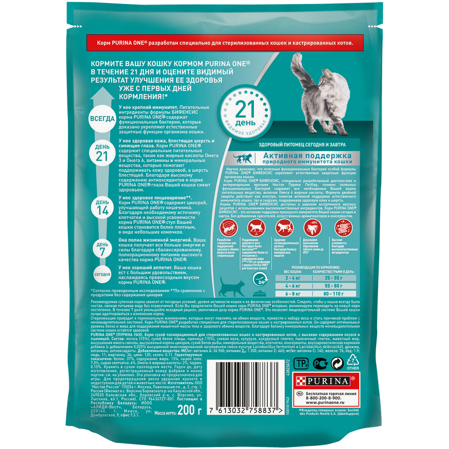 Корм сухой для взрослых кошек PURINA ONE для стерилизованных и кастрированных, с высоким содержанием лосося и пшеницей 200г, превью