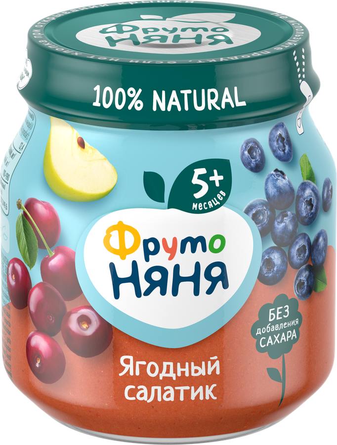 Пюре ягодно-фруктовое ФРУТОНЯНЯ Ягодный салатик Яблоко, черника и вишня, с 5 месяцев, 100г, превью
