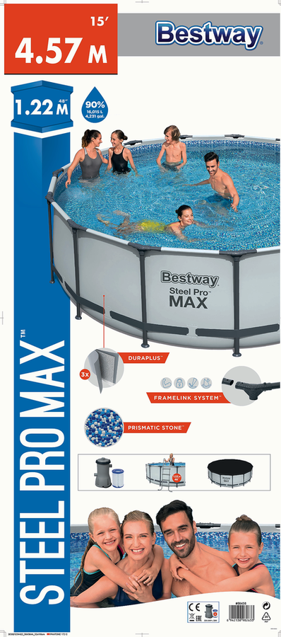 Бассейн каркасный BESTWAY Steel Pro Max 16015л 457х122см, с фильтром- насосом, лестницей и тентом,Арт. 56438, превью