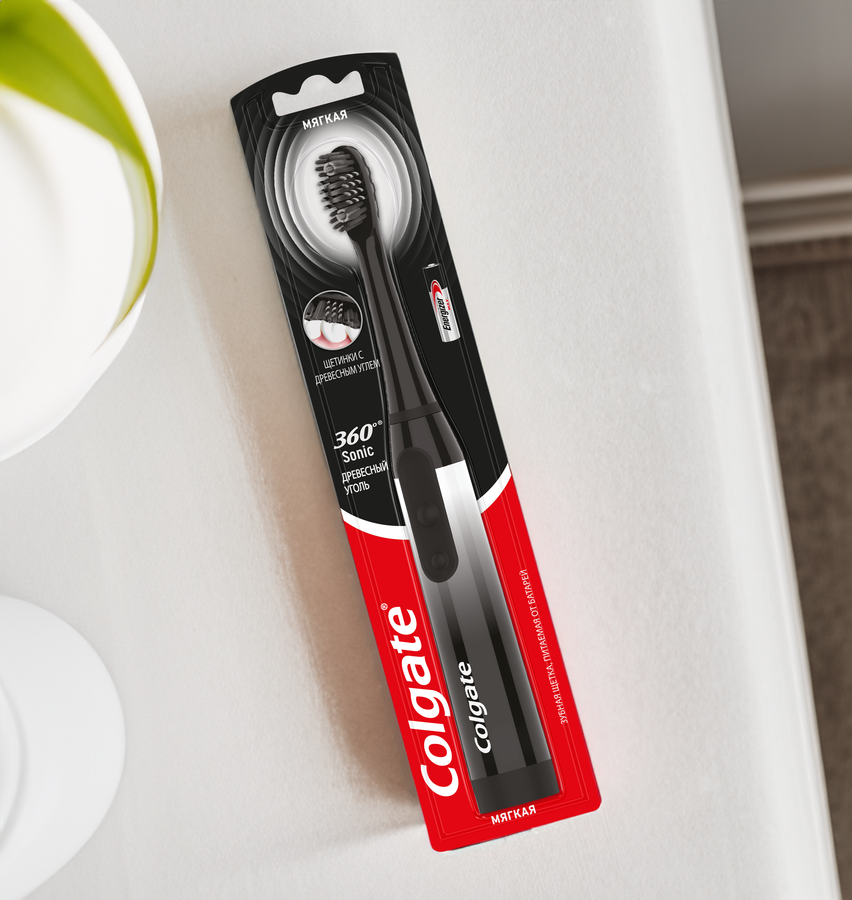 Зубная щетка электрическая COLGATE 360 Sonic Древесный уголь, на батарейках, мягкая, превью