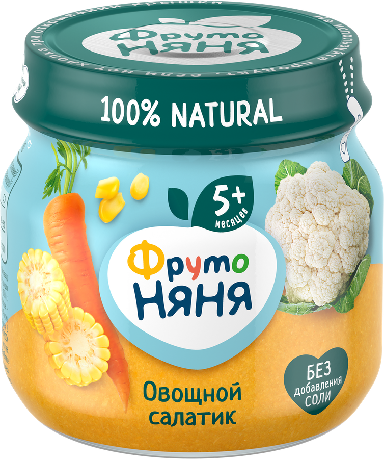 Пюре овощное ФРУТОНЯНЯ Овощной салатик Цветная капуста, кукуруза и морковь, с 5 месяцев, 80г, превью