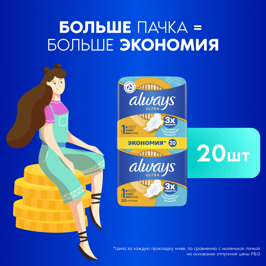 Прокладки ALWAYS Ultra Лайт, с крылышками, 20шт, превью